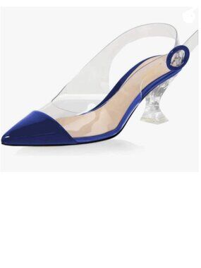 XYD Blue Transparent Slingback Clear Low Heels Pumps Pointed Toe PVC Sandals